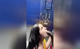 White girl sucks off thick BBC in elevator
